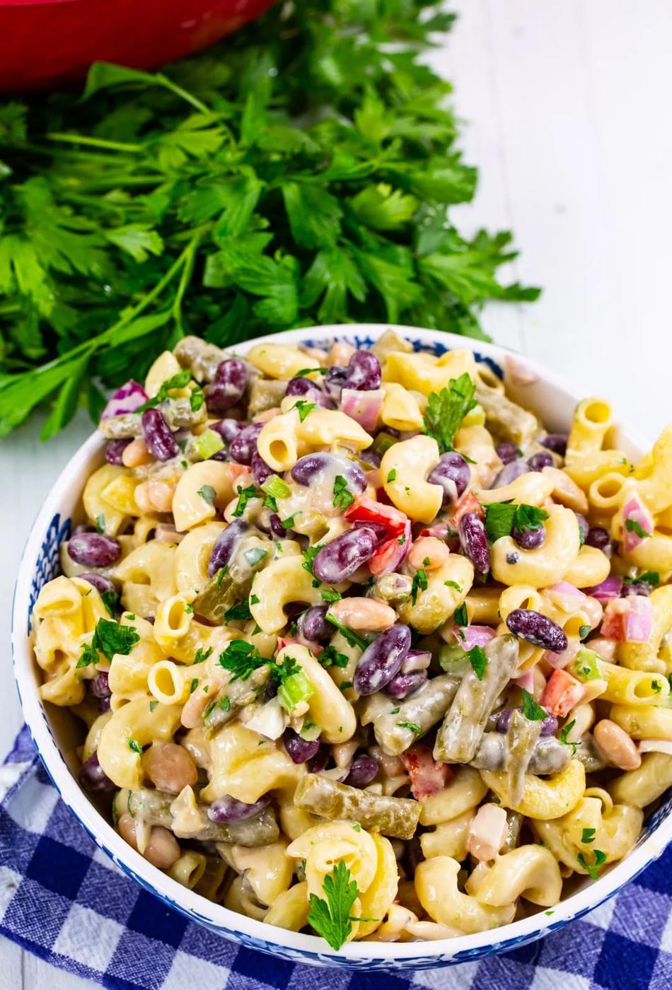 3-Bean Pasta Salad in serving bowl.
