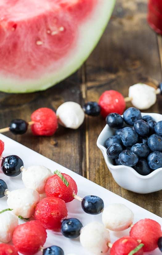 4th of July Fruit Kabobs with watermelon, blueberries, and mozzarella balls.