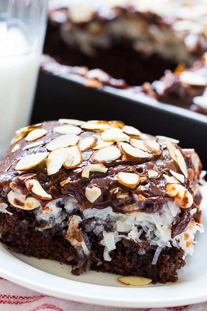 Almond Joy Cake baked in a 9x13-inch pan