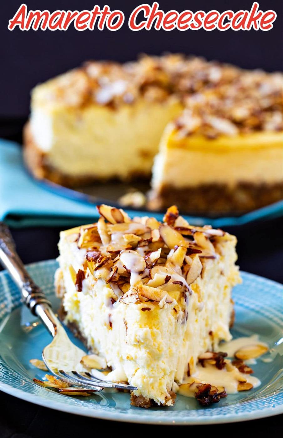 Slice of Amaretto Cheesecake on plate.