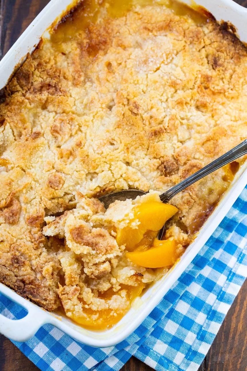 Peach Cobbler in a 9x13-inch baking dish