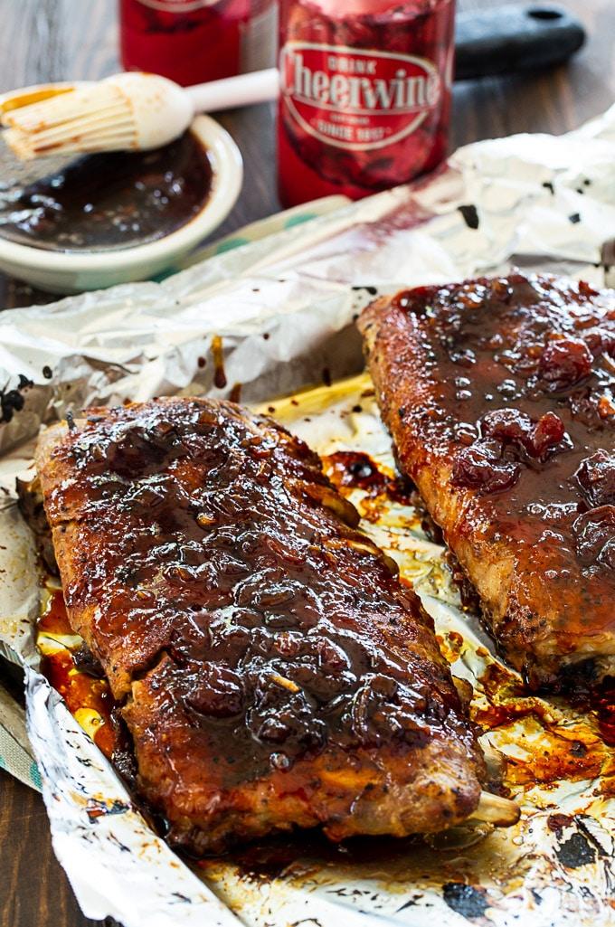 Baby Back Ribs with glaze on baking sheet.