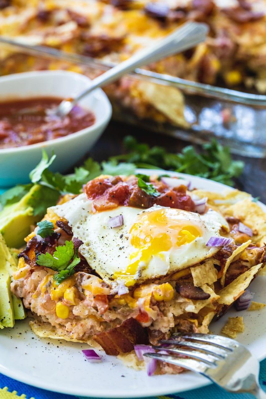Bacon and Egg Chilaquiles dished up on a plate