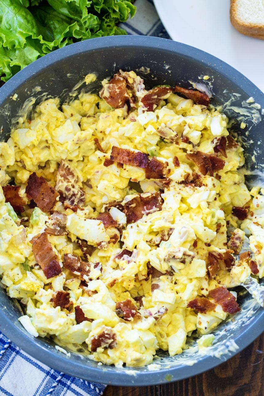 Bacon Egg Salad in a large blue serving bowl