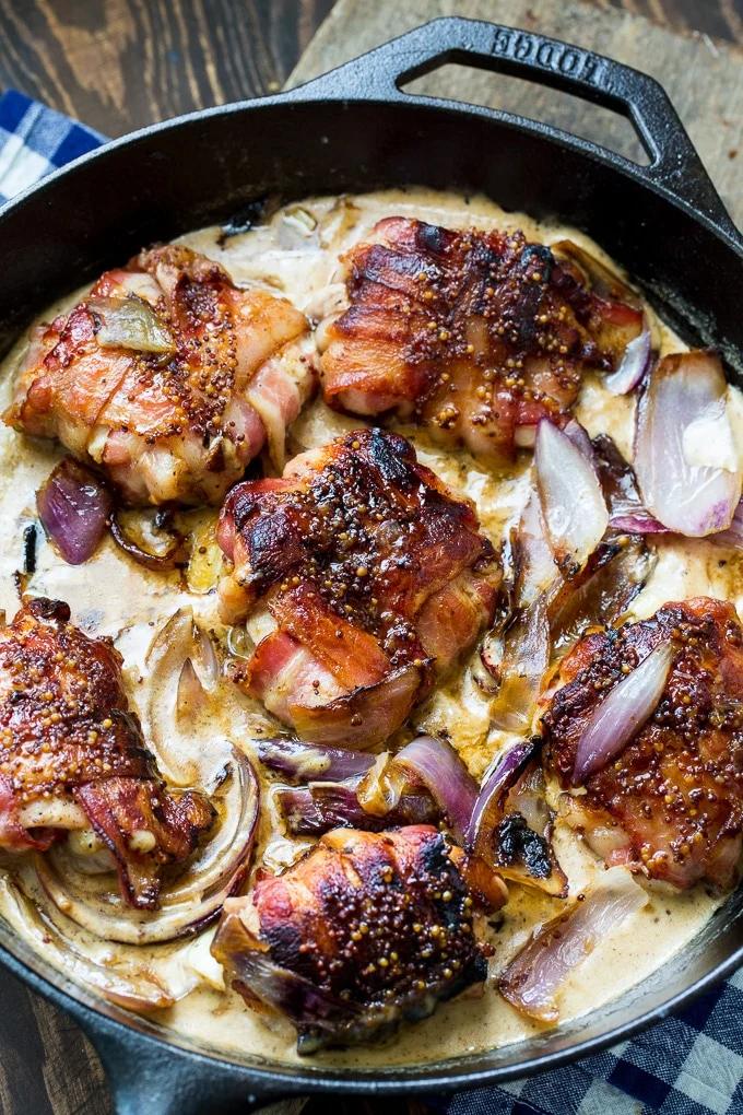Bacon Wrapped Chicken Thighs in Mustard Cream Sauce