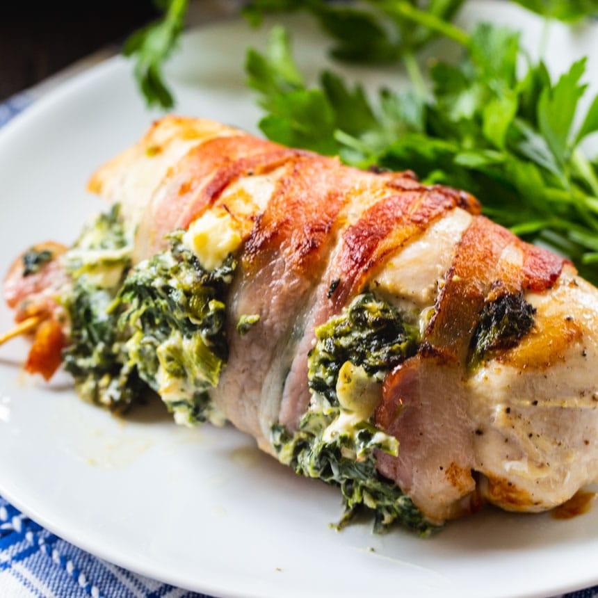 Bacon Wrapped Spinach and Feta Stuffed Chicken