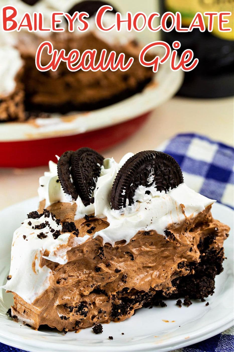 Baileys Chocolate Cream Pie slice on a plate.
