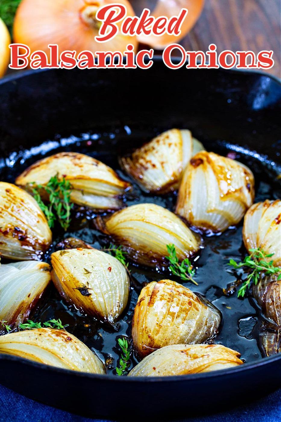 Baked Balsamic Onions in cast iron pan.