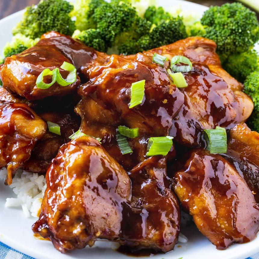Chicken Teriyaki on a plate with broccoli.