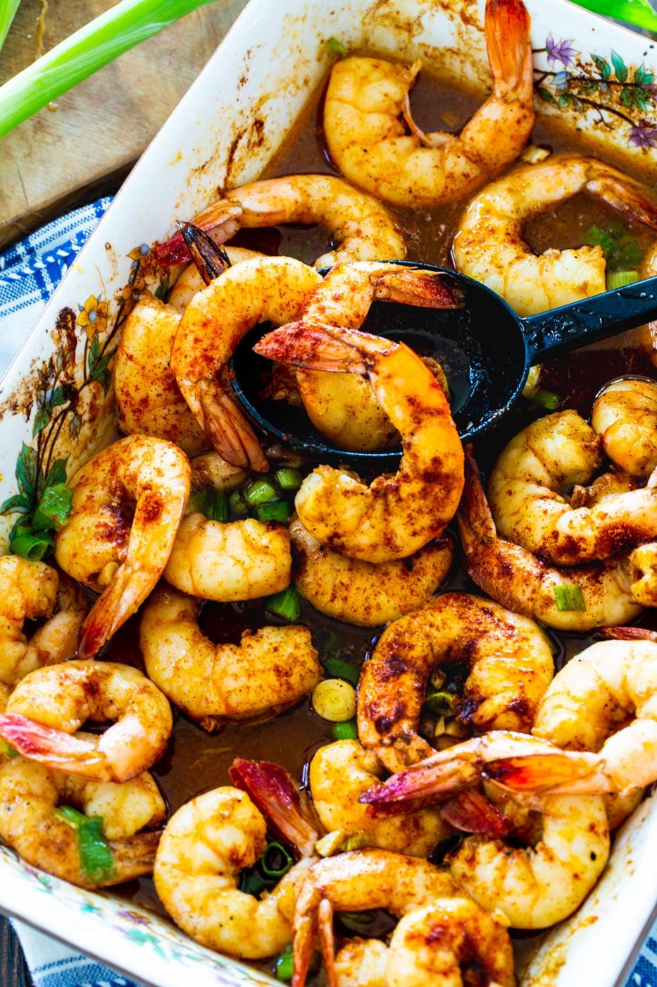 Baked Honey Cajun Shrimp in a baking dish.