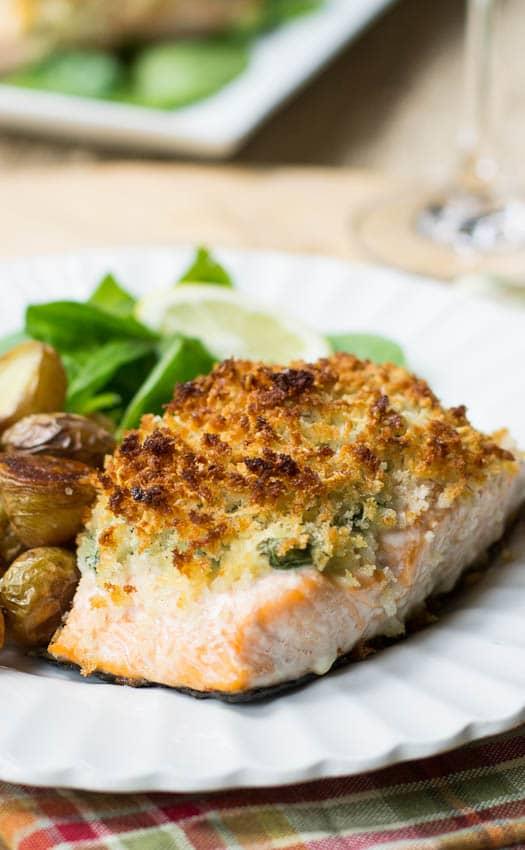 Close-up of Baked Salmon Stuffed with Mascarpone Spinach.