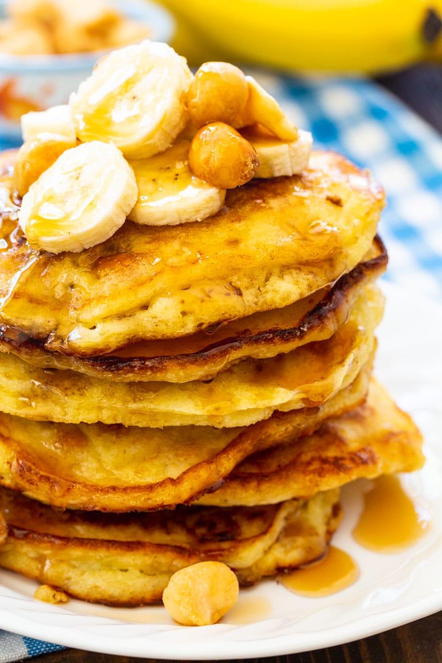 Close-up of Banana Macadamia Pancakes on a plate