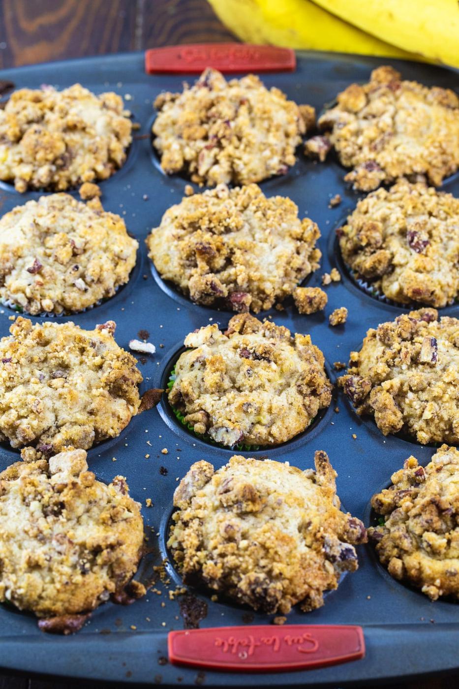 Cooked muffins in muffin tin.