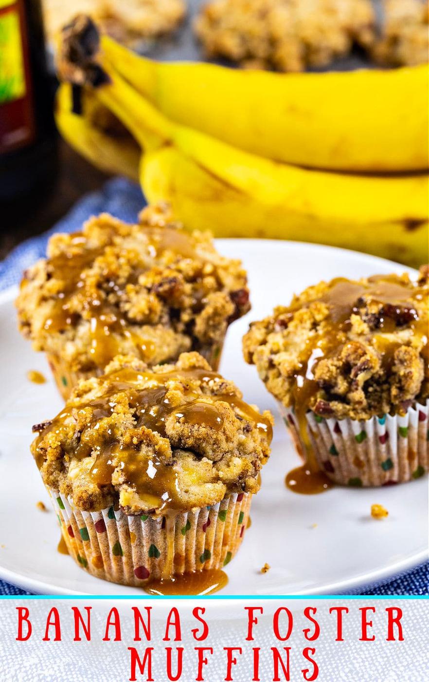 Three Bananas Foster Muffins on a plate.