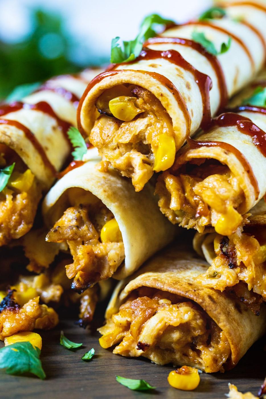 Close-up of BBQ Chicken Taquitos.
