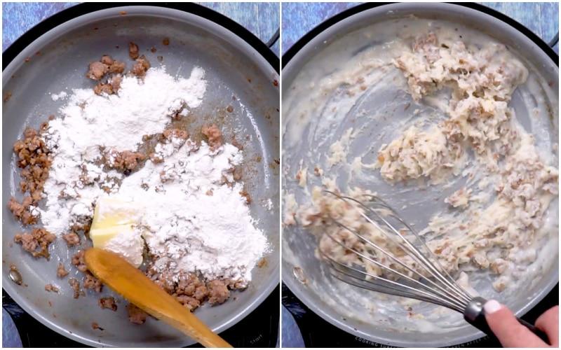 Flour added to pan.