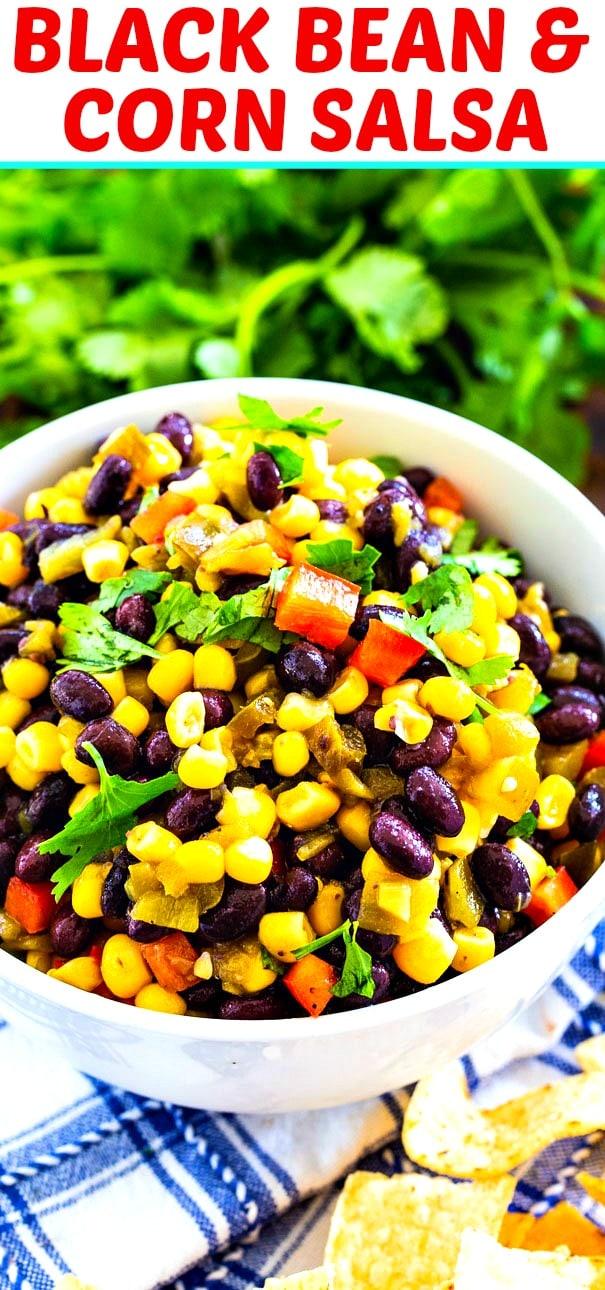 Black Bean and Corn salad with fresh cilantro in background.