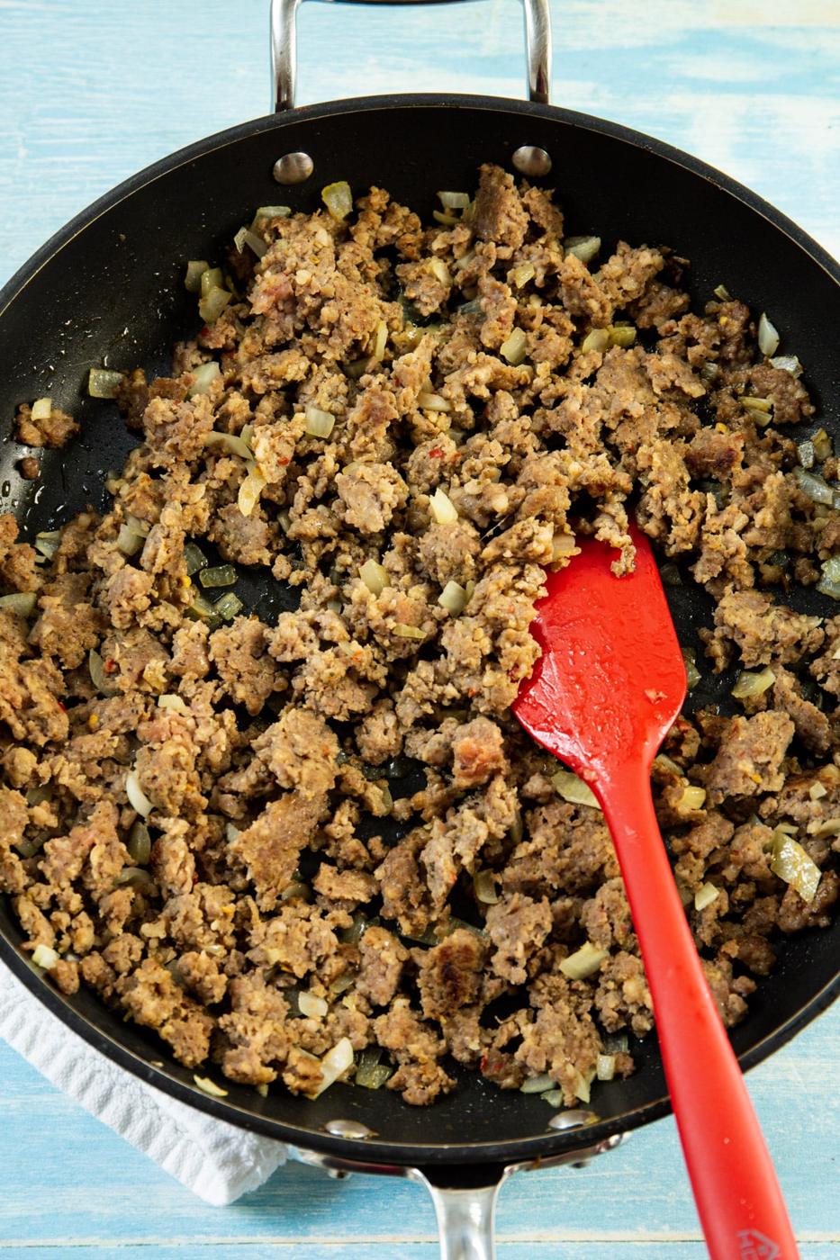 Sausage mixture in a skillet.