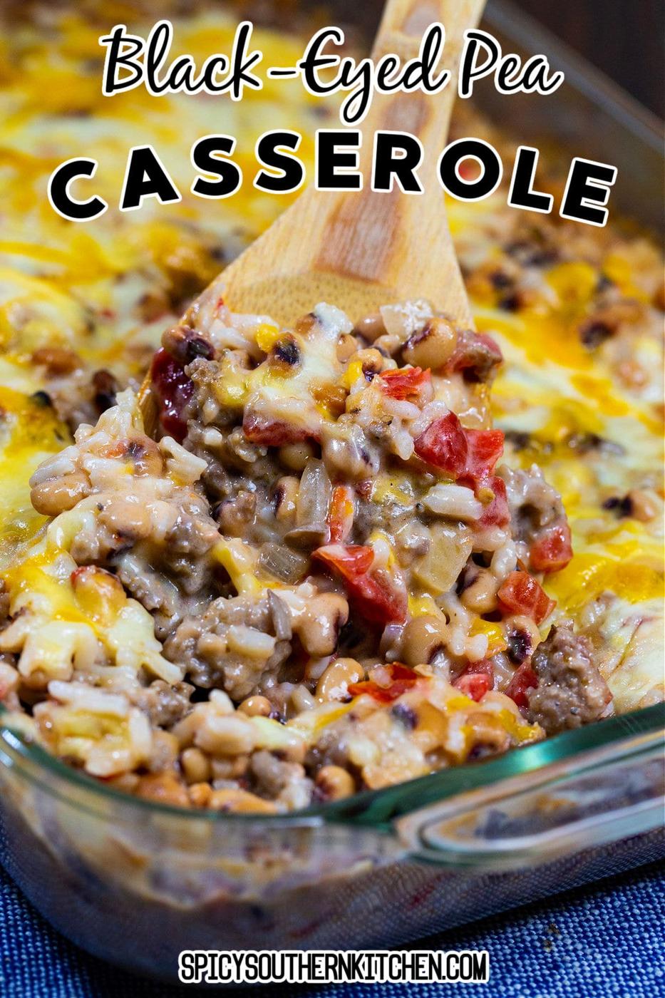 Spoon scopping up Black-Eyed Pea Casserole.