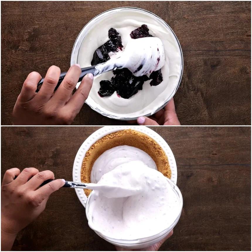 Mixing blackberries into filling and transferring filling to crust.