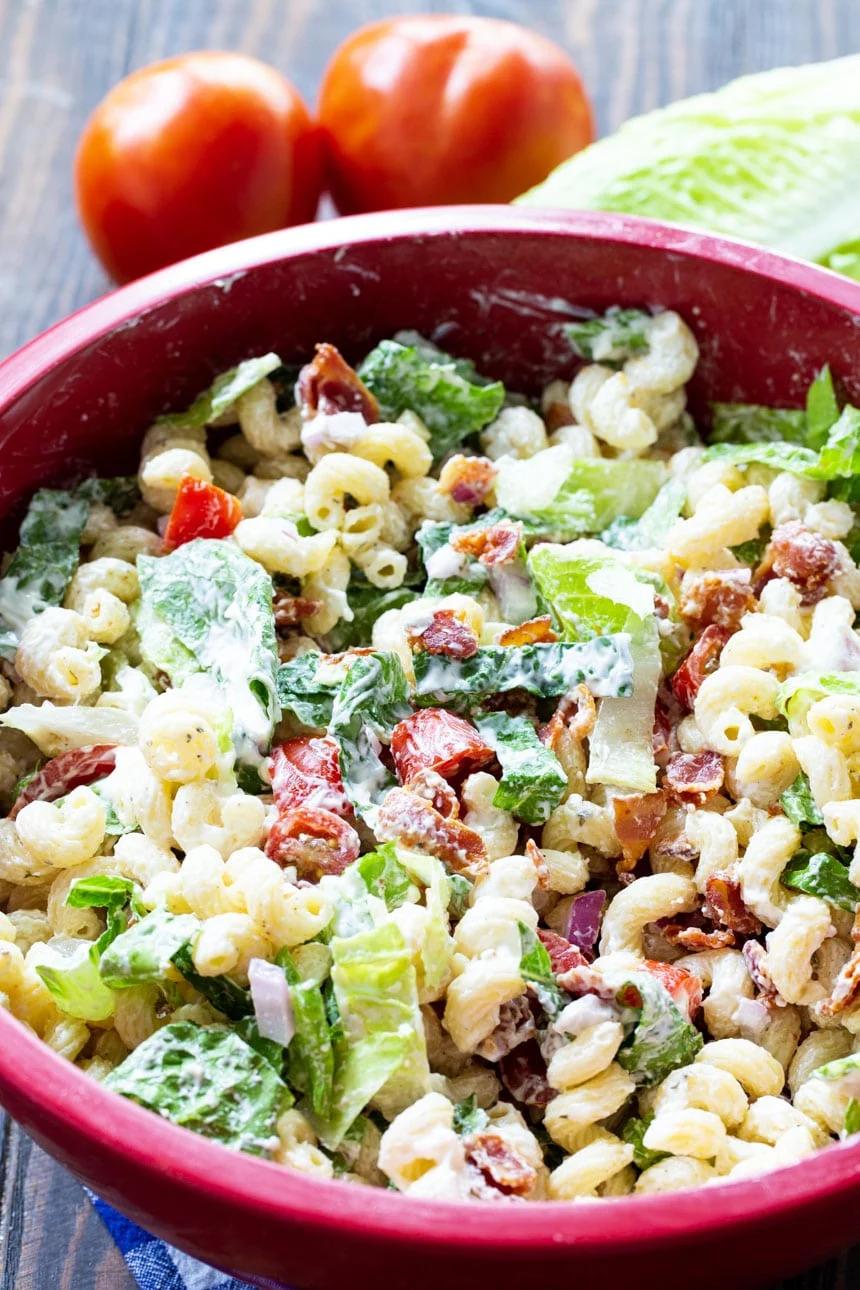 BLT Pasta Salad in a large red bowl.