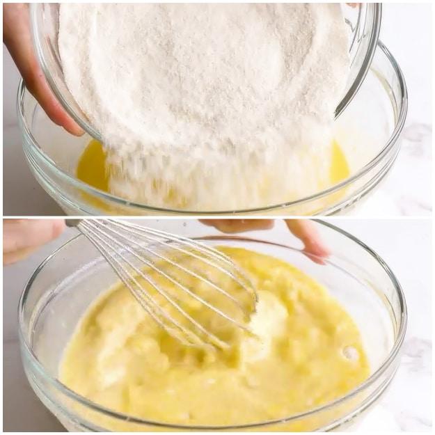 Adding dry ingredients to wet.