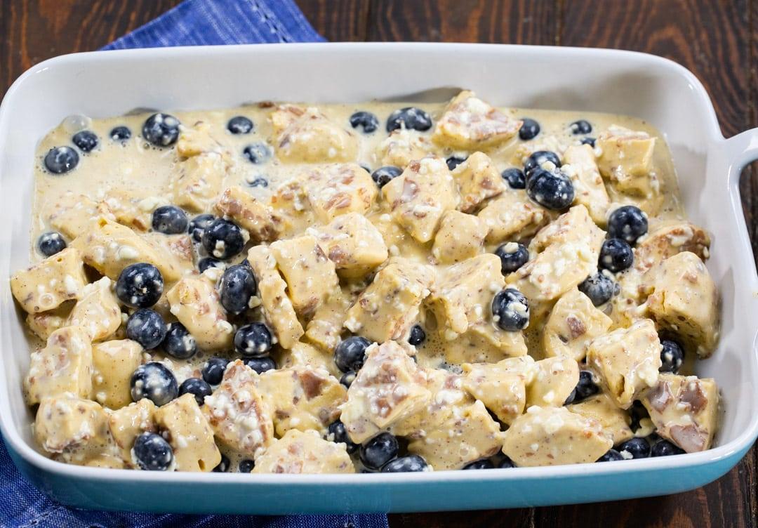 Unbaked casserole in a baking dish.