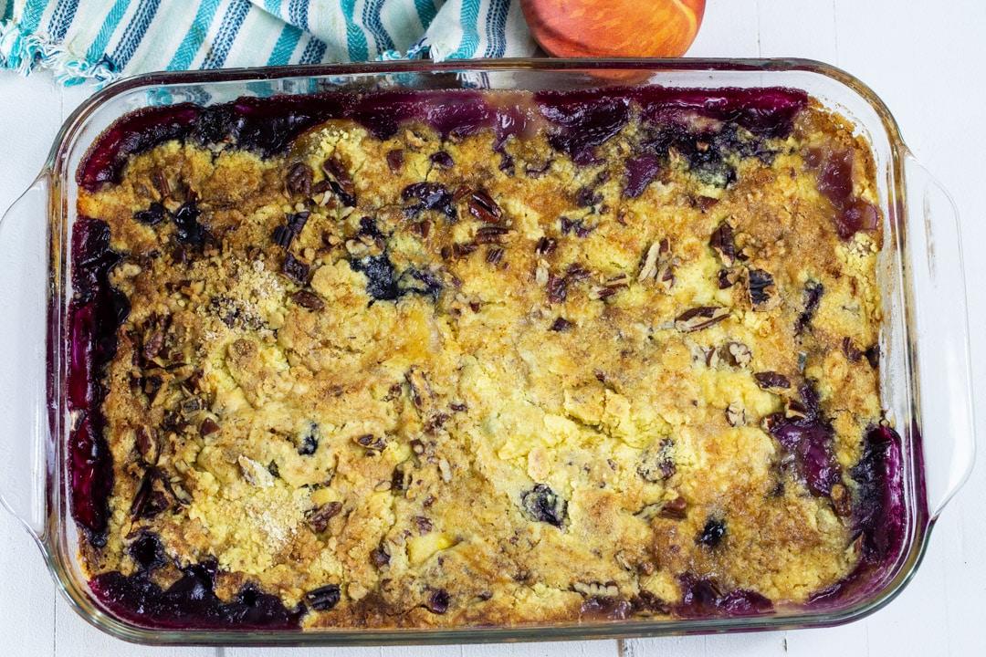 Baked Dump Cake in baking dish.