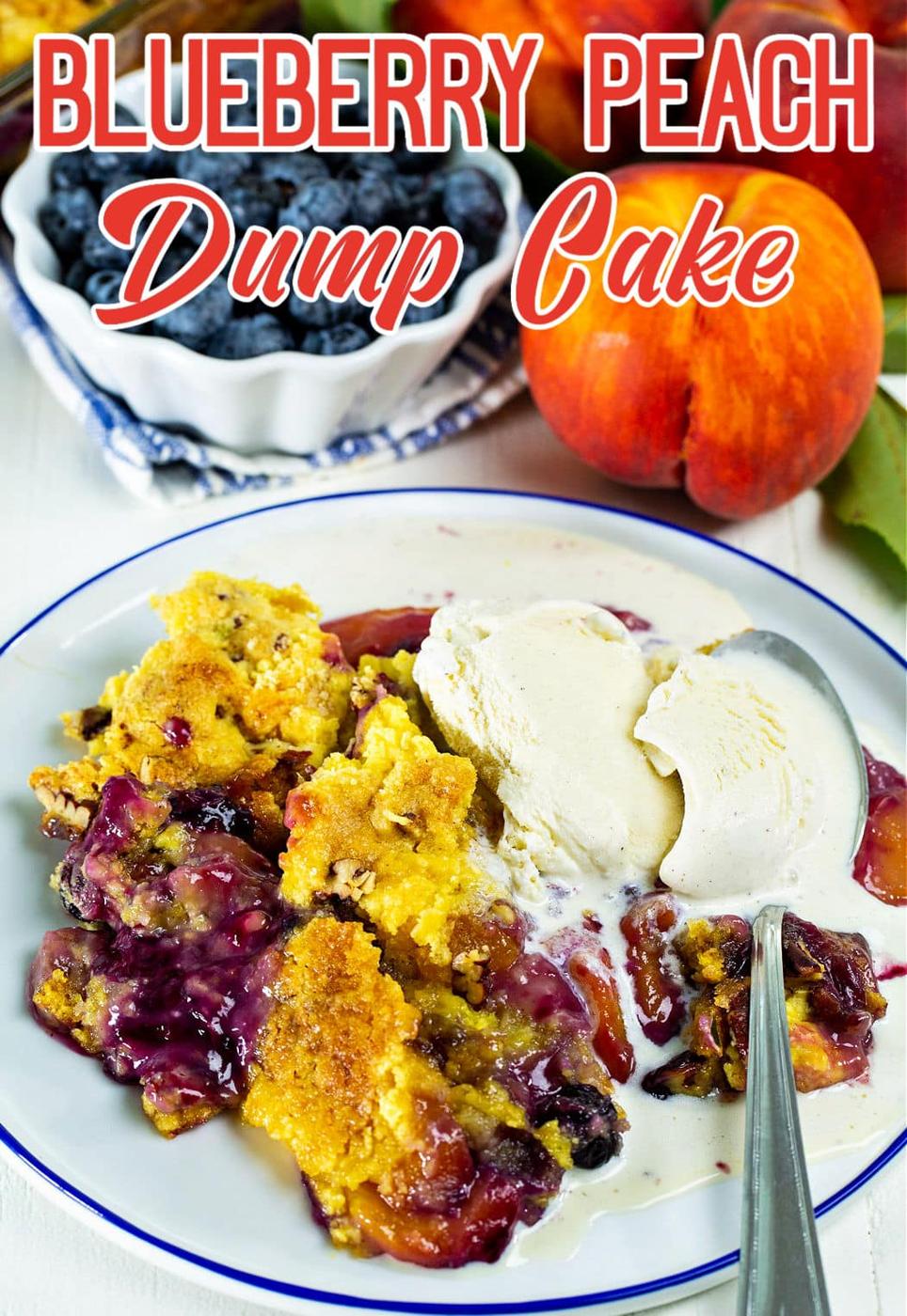 Blueberry Peach Dump Cake topped with vanilla ice cream.
