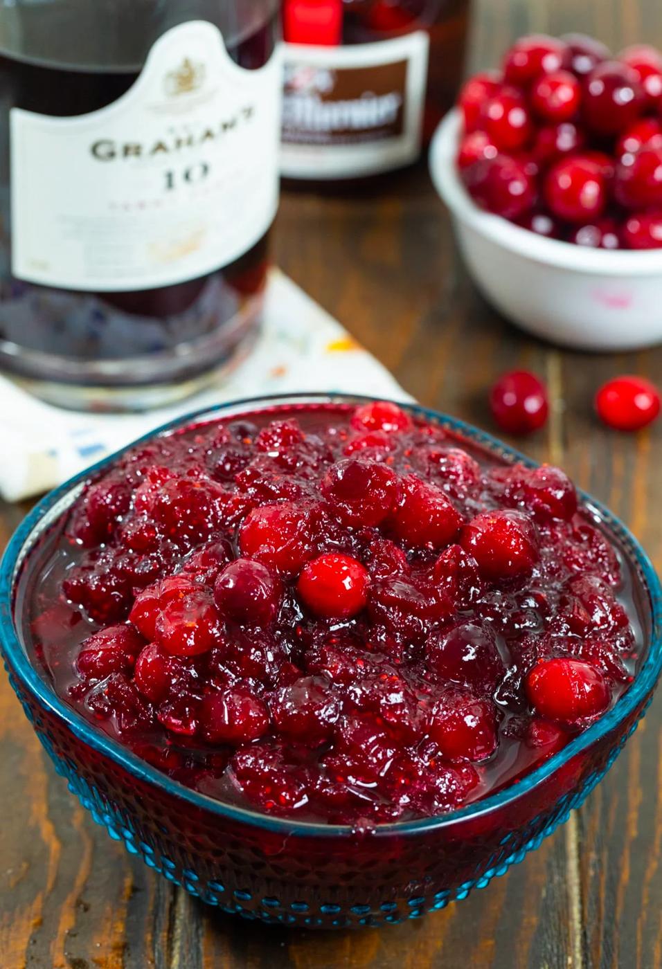 Boozy Cranberry Sauce and bottle of port.