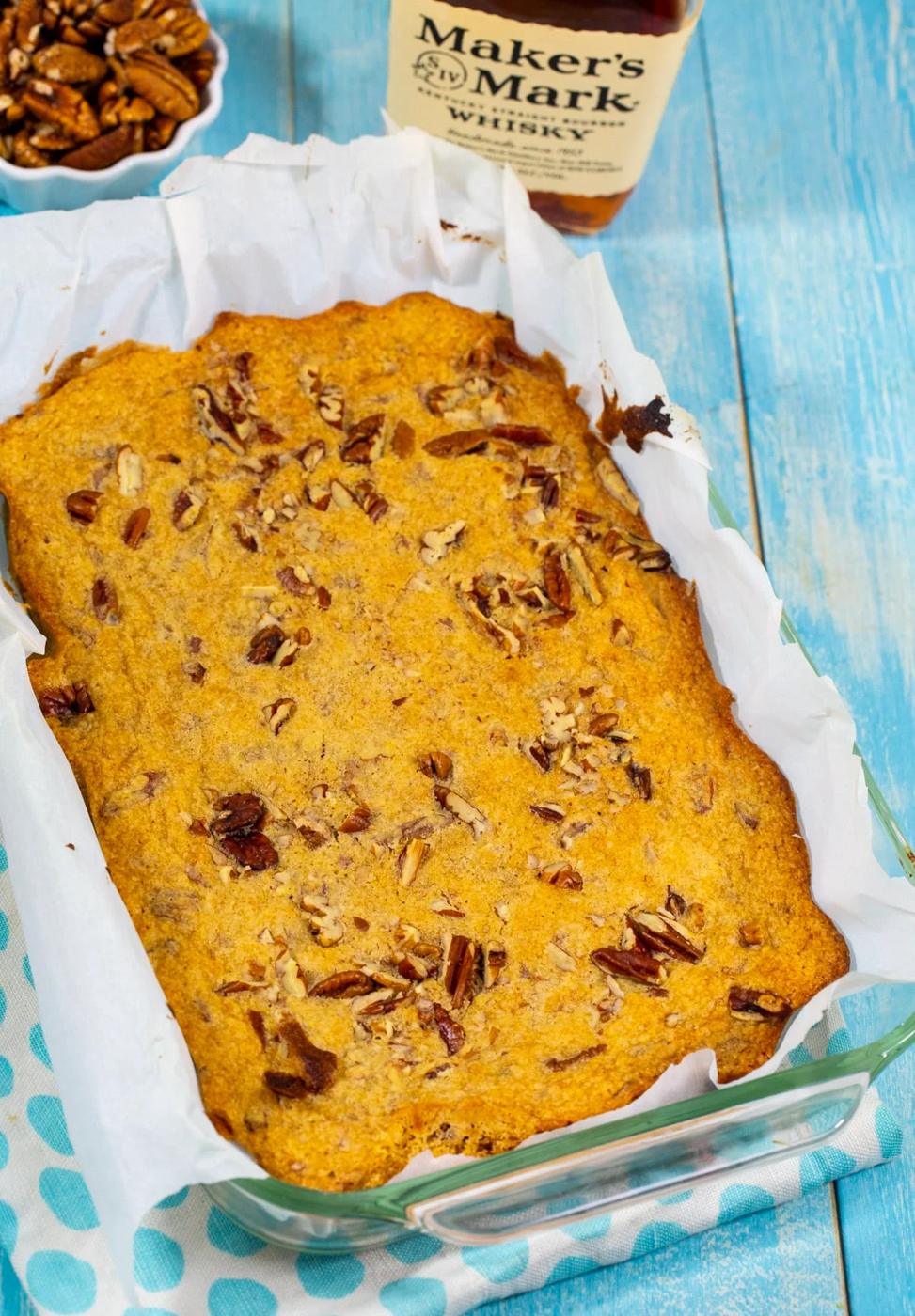 Blondies in a baking dish.