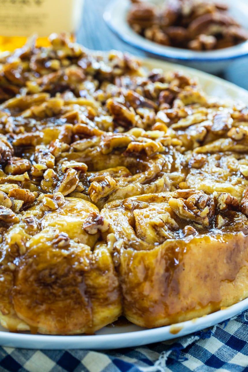 Cloes-up of Cinnamon Rolls with Bourbon Pecan Glaze