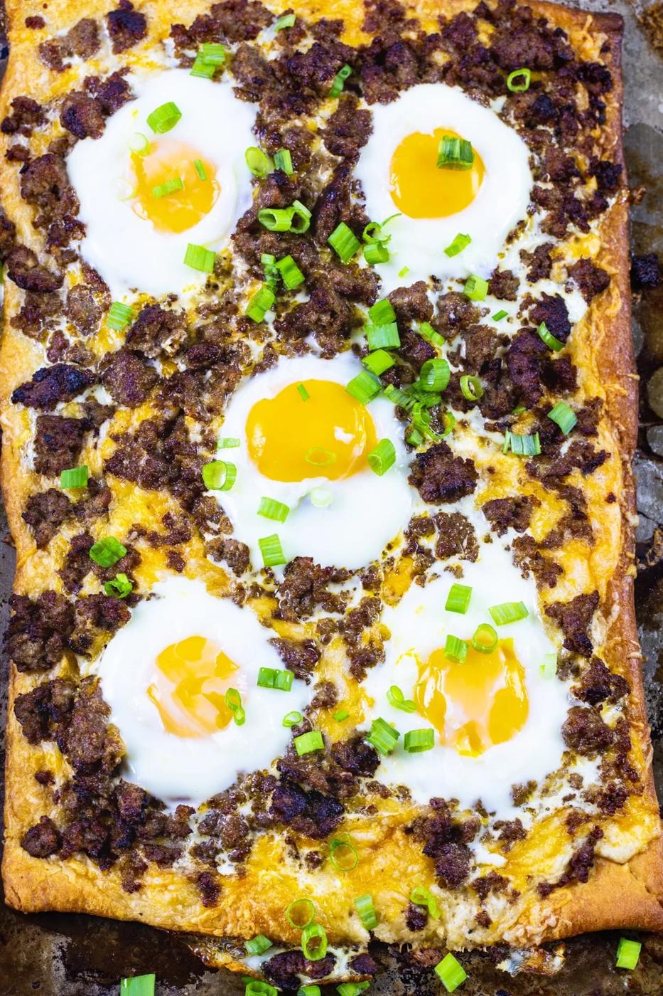 Breakfast Crescent Pizza on baking sheet.