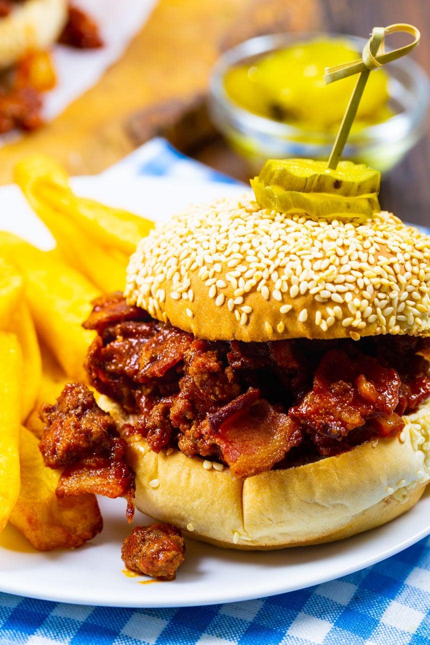 Sloppy Joe on a plate with fries.