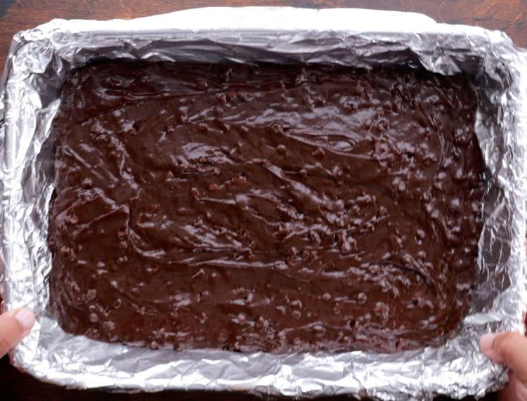 Brownie batter in pan.