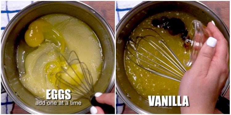 Adding the eggs and vanilla.