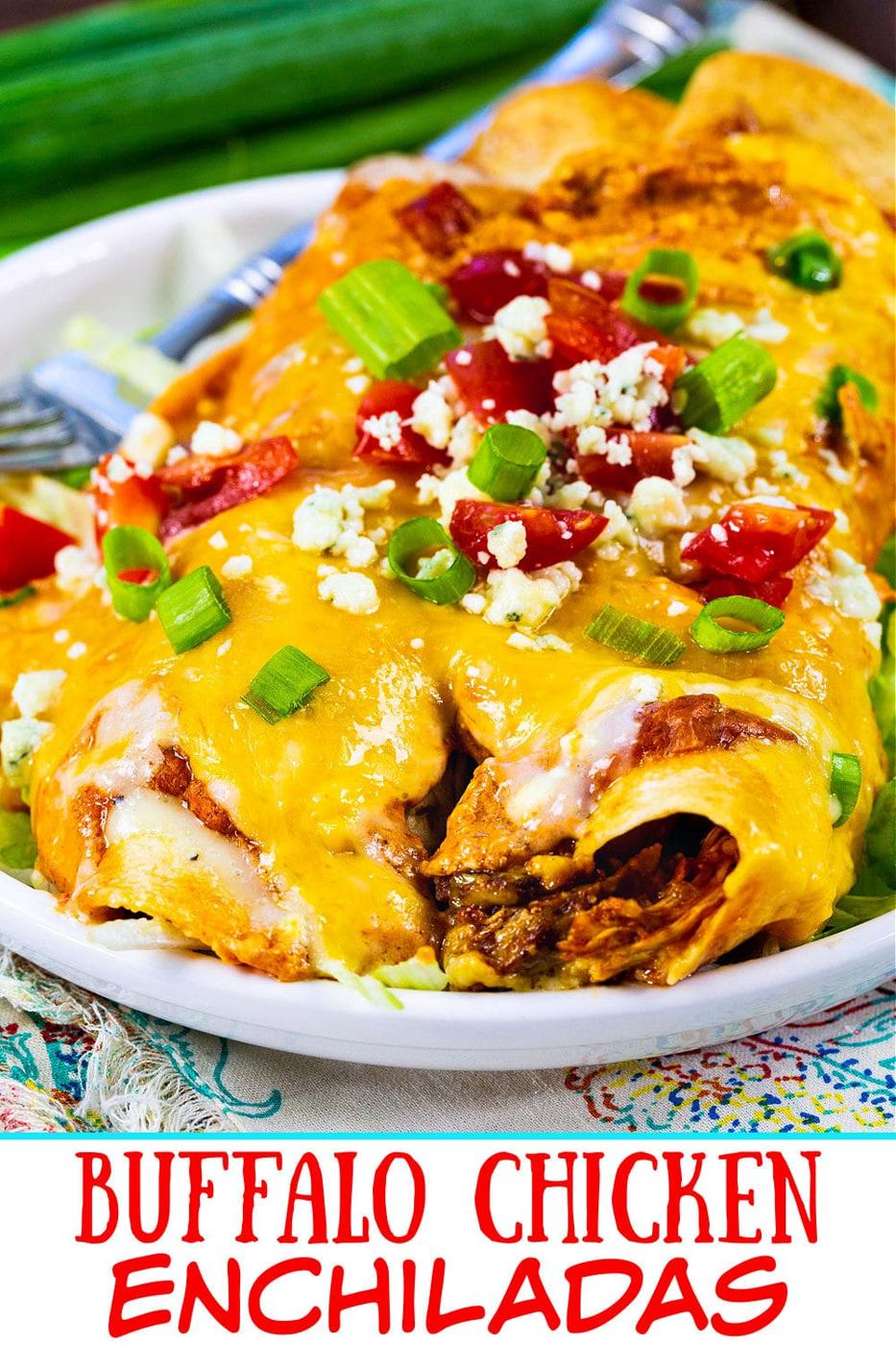 Two Buffalo Chicken Enchiladas on a plate.