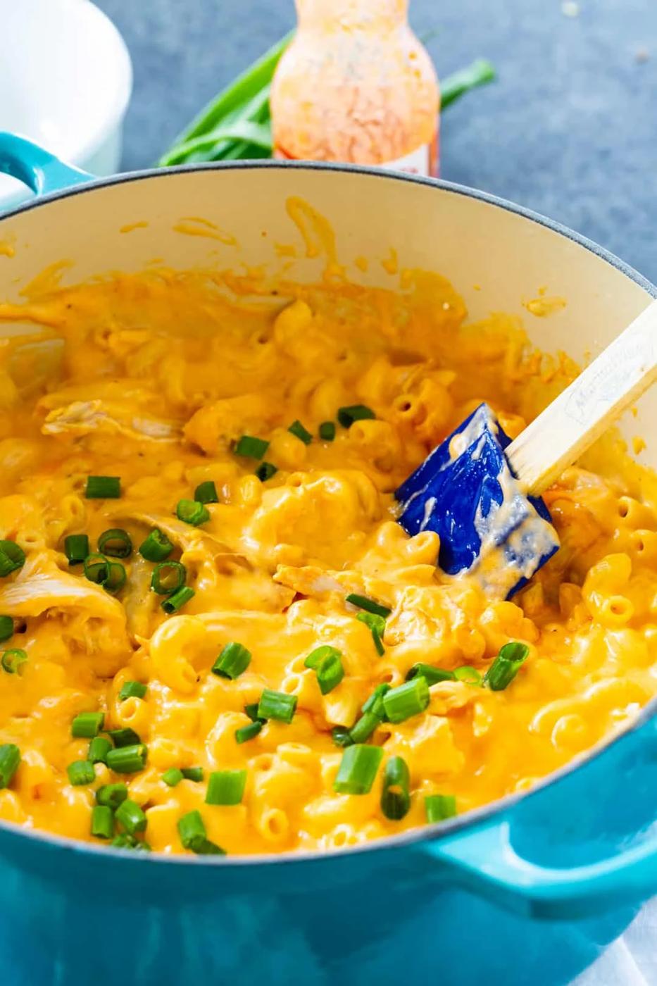Mac and Cheese in a blue Dutch oven.