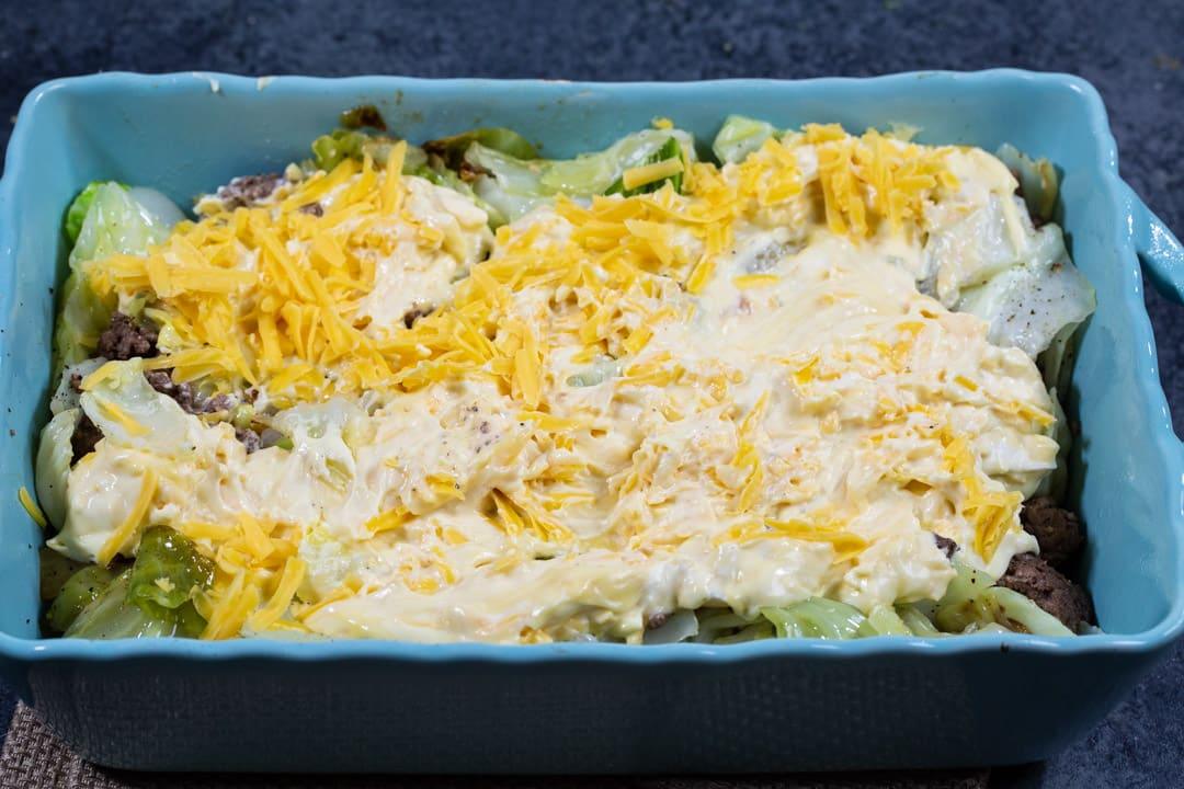 Soup and cheese mixture spread on top.
