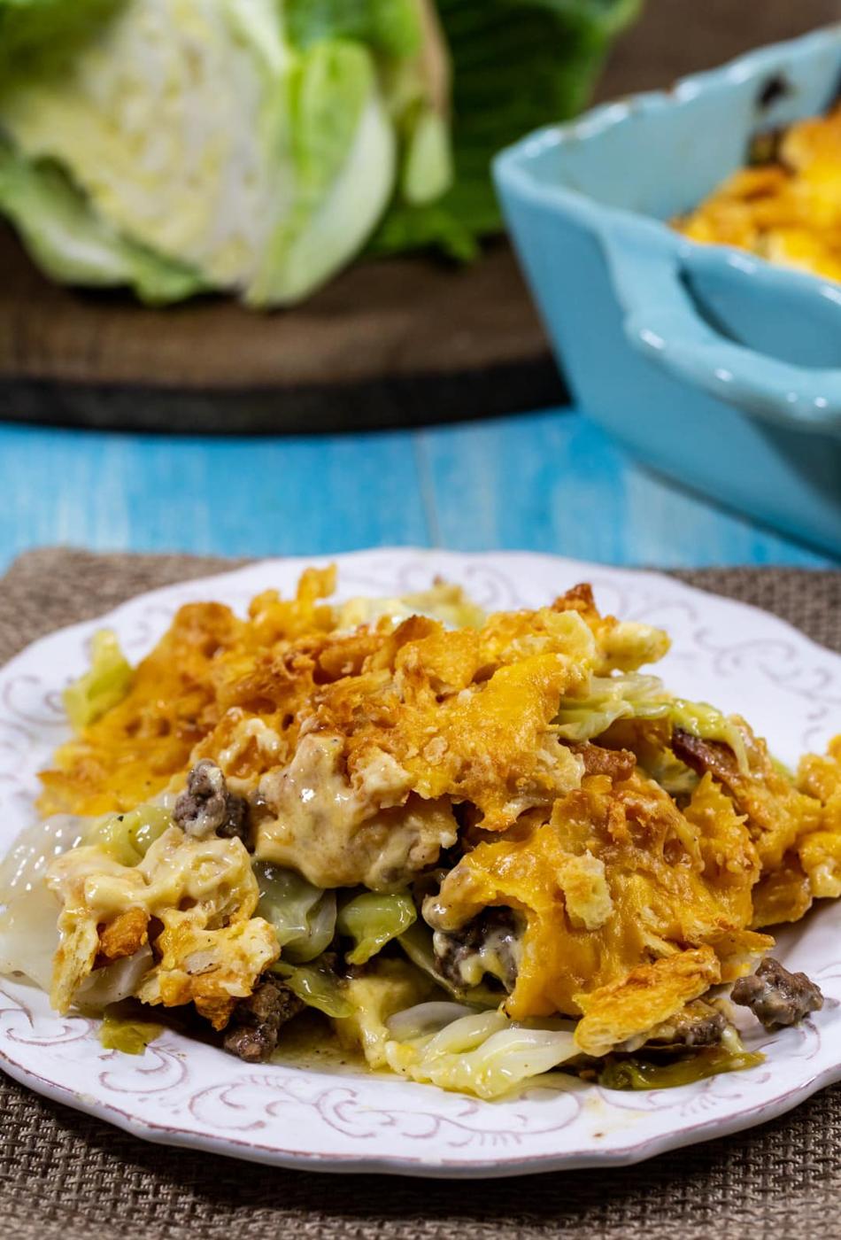 Casserole dished up on a plate.