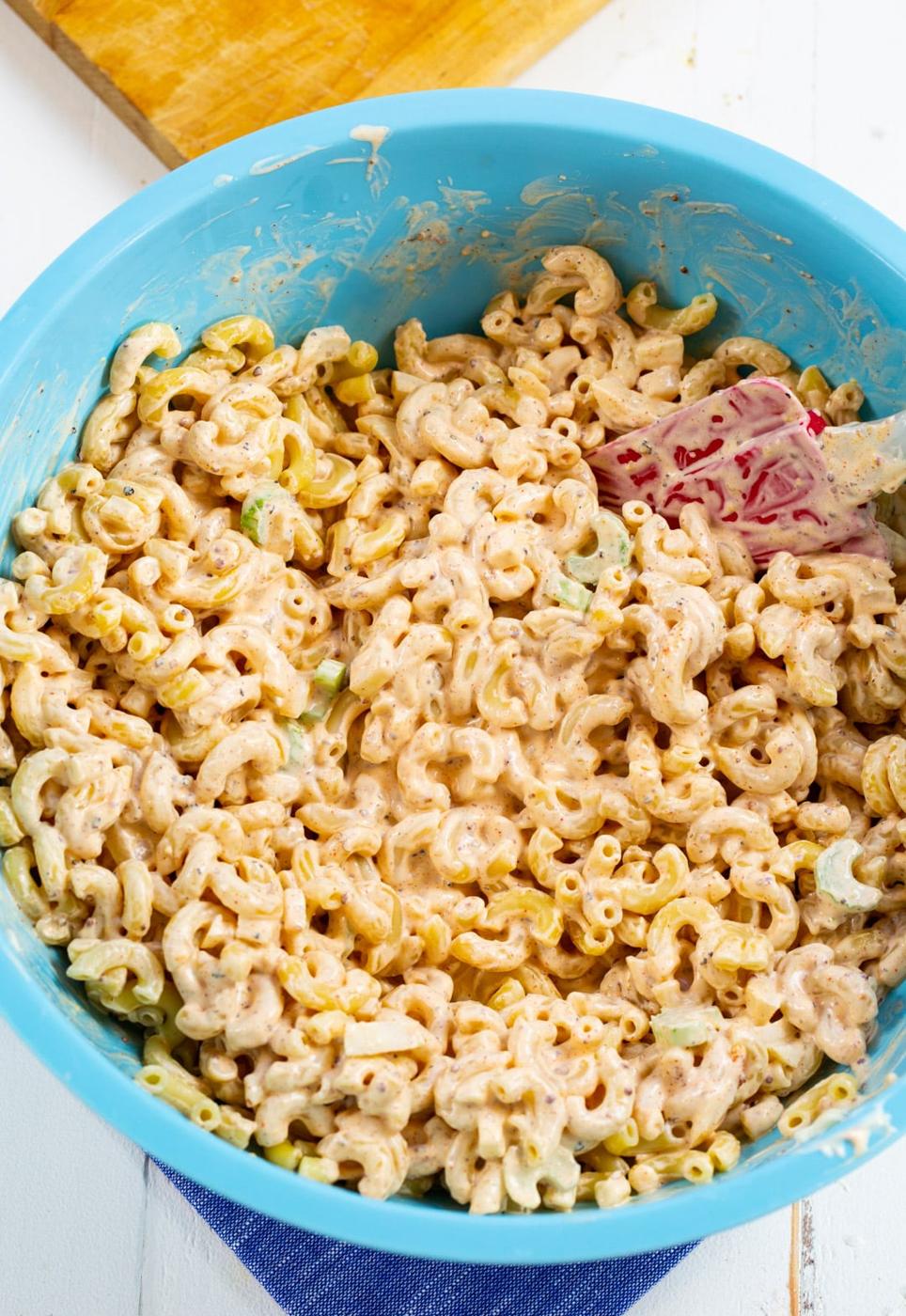 Macaroni Salad in a mixing bowl.