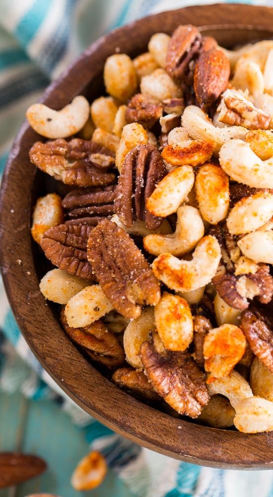 Cajun Nuts -make a great party snack. Flavored with plenty of spices, some sugar, and a little bacon grease.