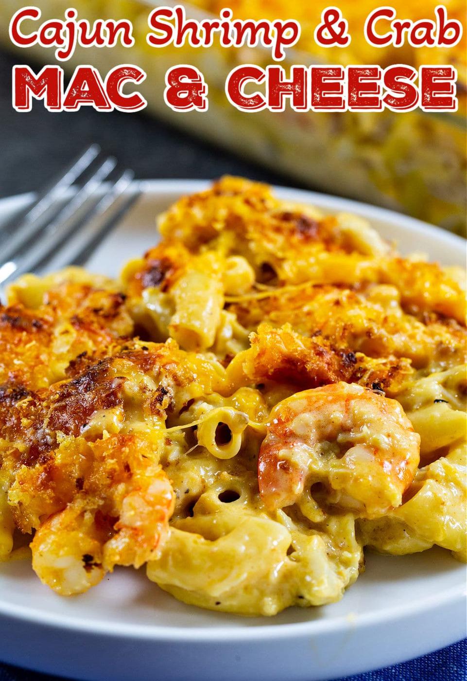 Cajun Shrimp and Crab Mac and Cheese dished up on a plate.