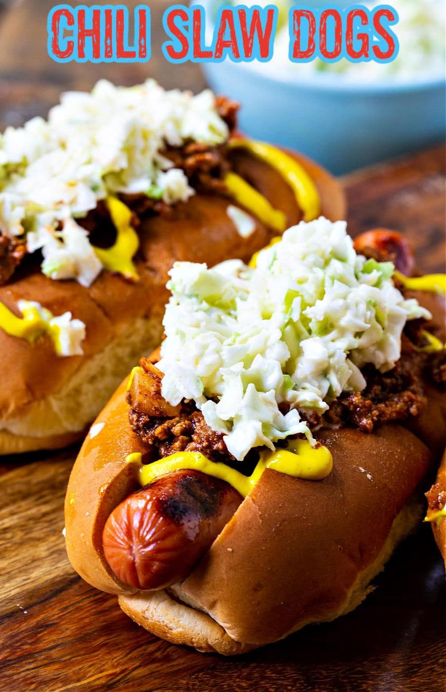 Carolina-Style Slaw Dog on wood cutting board.
