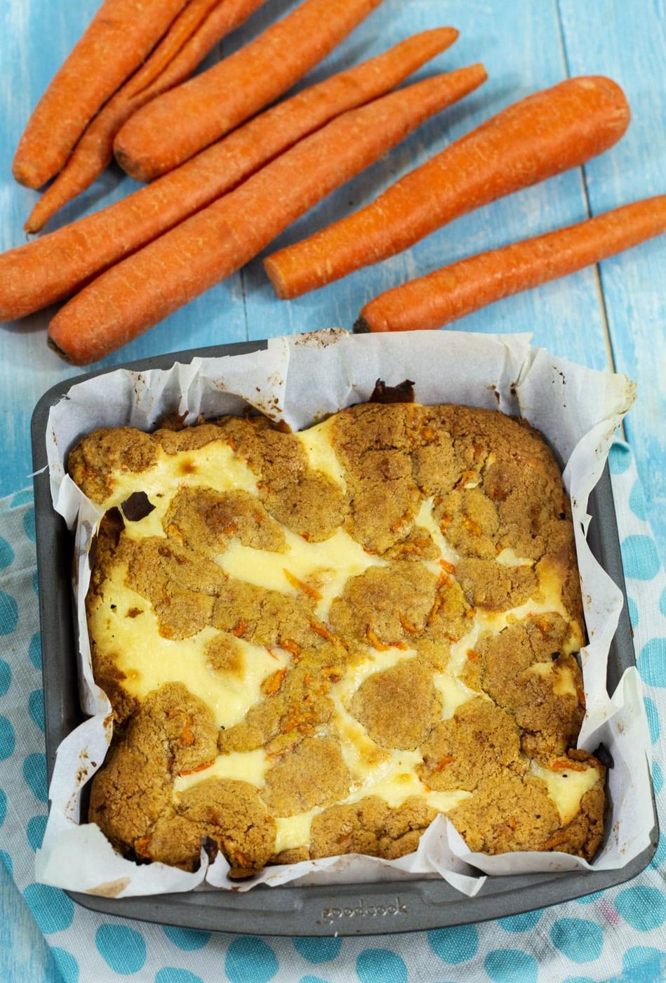 Carrot Cake Bars in baking pan.