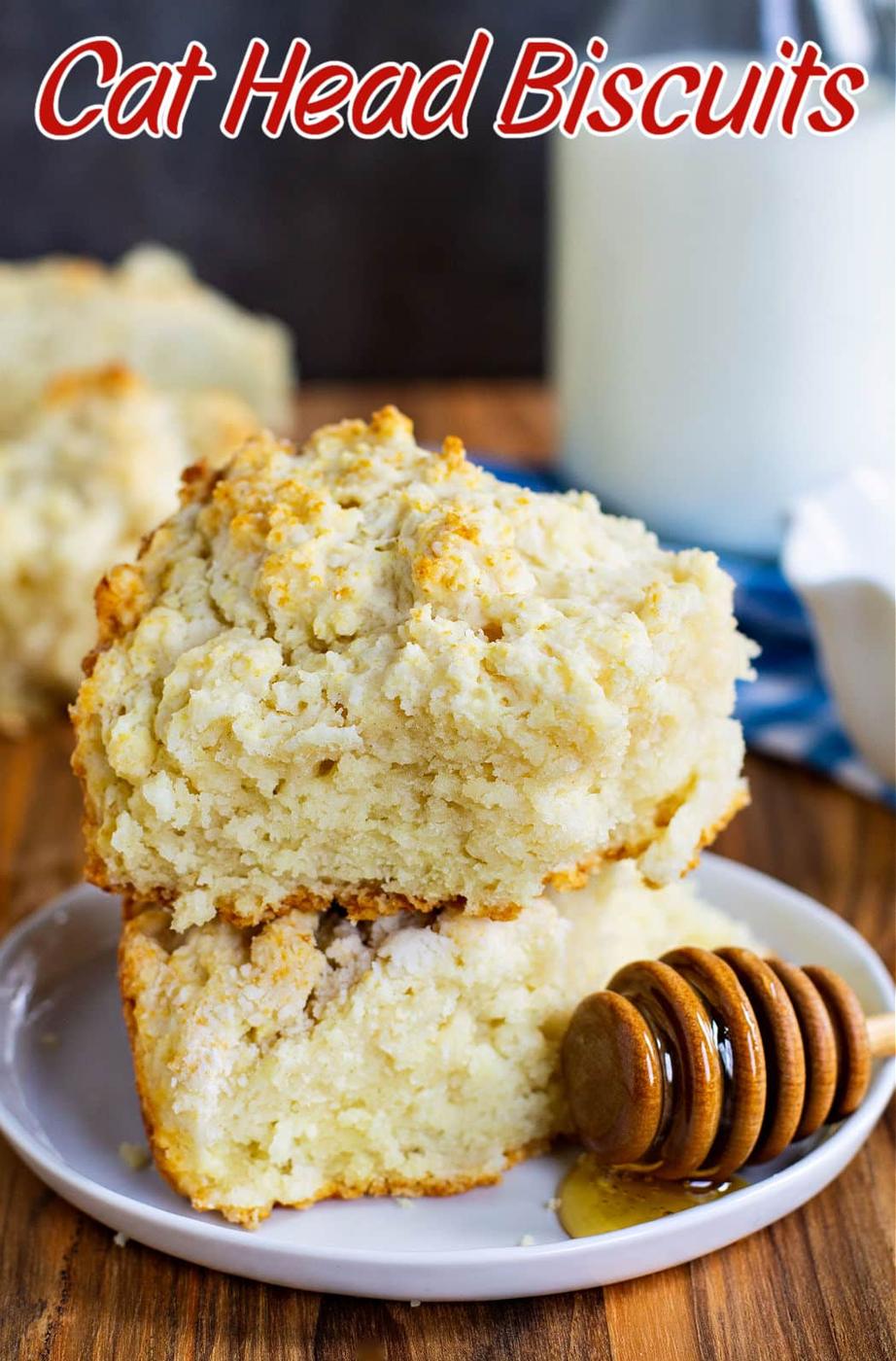 Two Cat Head Biscuits stacked on top of each other.