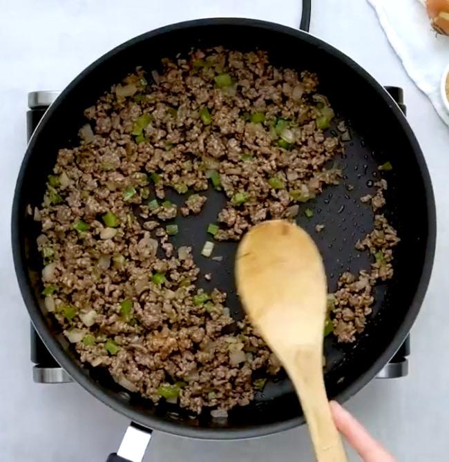 Ground beef mixture in skillet.