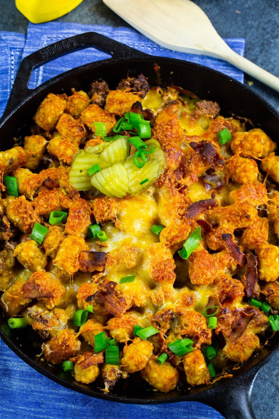 Cheeseburger Casserole in a cast iron pan.