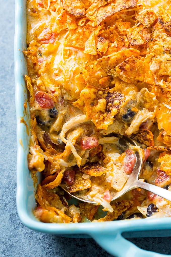 Cheesy Dorito Chicken Casserole is so cheesy, creamy, spicy, and crunchy.