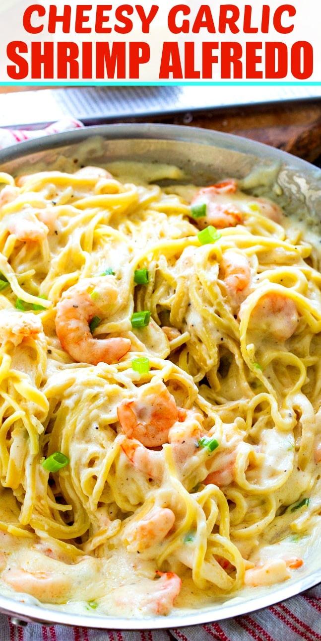 Close-Up of Cheesy Garlic Alfredo with Shrimp